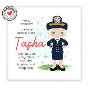 Kaart vrouwelijke marineofficier, gefeliciteerd, veel succes, goed gedaan, gelukkige verjaardagskaart voor haar, dochter, vriend, zus, kleindochter, nichtje