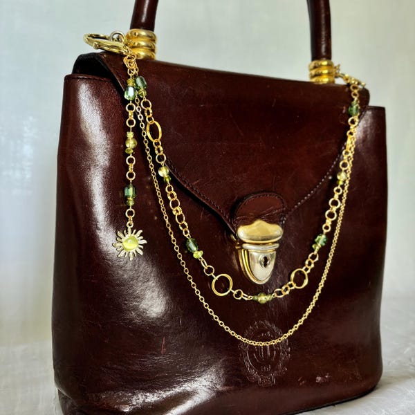 Bohemian Beaded Purse Chain:Gold Bag Charm with Jade Peridot Crystals | Purse Charm | Key chain | Wallet Chain | Beaded Accessory | Handmade