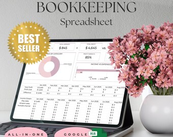 May include: A digital bookkeeping spreadsheet displayed on a tablet with the text "SUPER-EASY BOOKKEEPING Spreadsheet". The screen shows financial data, charts, and tables. A "BEST SELLER" badge is in the upper left. A bouquet of pink flowers sits to the right.