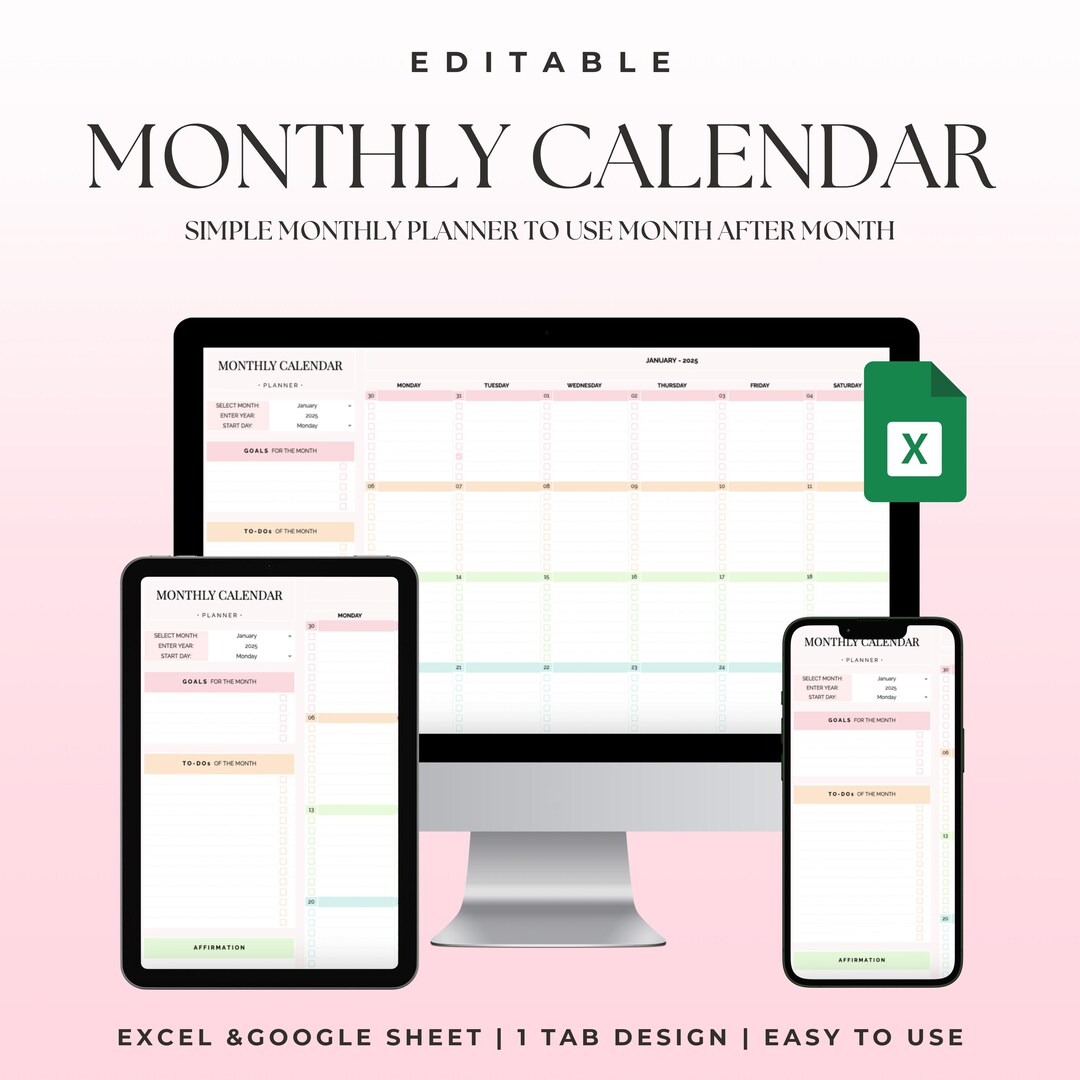 Digital Monthly Calendar Google Sheets Excel Spreadsheet Template 2025 ...