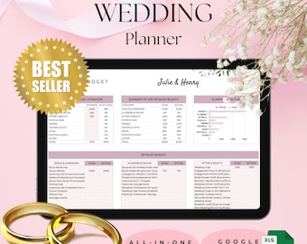 May include: A digital wedding planner on a tablet, featuring a detailed budget and planning sections. The planner includes the text "All-in-One Wedding Planner" and "Julie & Henry". Two gold wedding bands are in the foreground. The planner is a best seller.