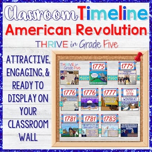 May include: A classroom timeline of the American Revolution, with colorful illustrations and text for each year from 1775 to 1783. The timeline is displayed on a corkboard with a blue and red border.