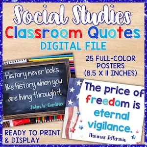 Peut inclure: Un ensemble de 25 affiches de classe imprimables présentant des citations sur l'histoire et la liberté. Les affiches sont conçues avec un schéma de couleurs rouge, blanc et bleu et présentent des étoiles et des rayures. Les affiches mesurent 8,5 pouces sur 11 pouces.