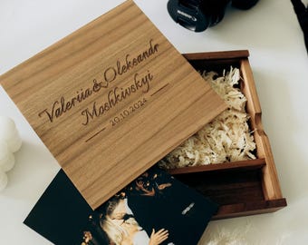 Personalized Wooden Photo Box with USB - Custom Wedding Gift, Gift from Photographer, Memory Box, Keepsake for Couples