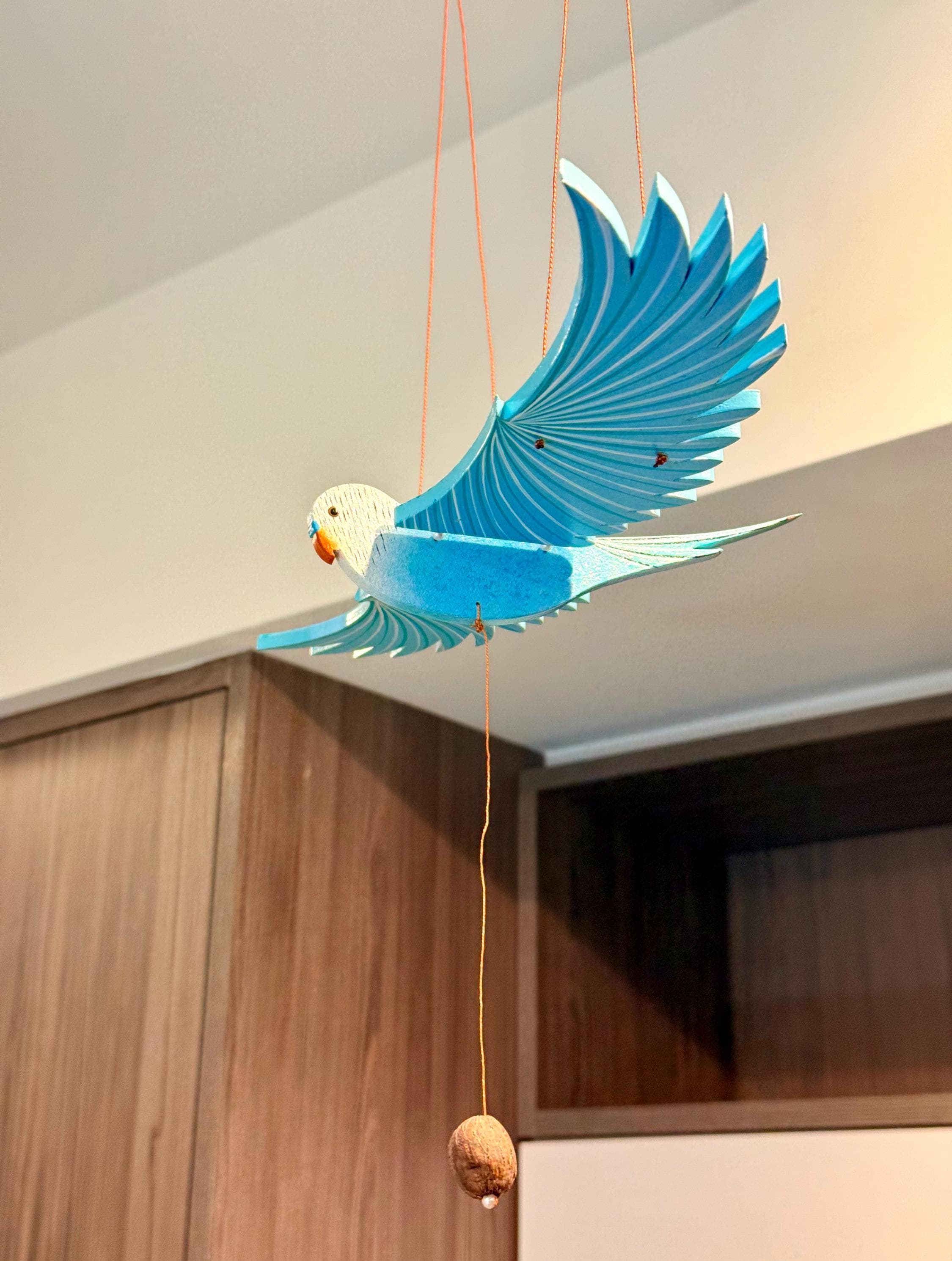 Parakeet Flying Mobile Bird Handmade Wooden Tropical Bird Decor House Warming Gift Patio Mobile Decor