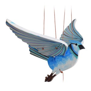 Handmade Blue Jay Flying Mobile: Wooden Tropical Bird Decor