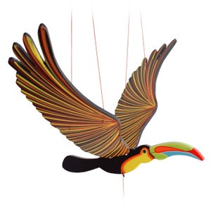Handmade Wooden Flying Toucan Mobile: Tropical Bird Decor