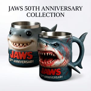 Taza de tiburón del 50.º aniversario de JAWS, con revestimiento de acero inoxidable de cerámica