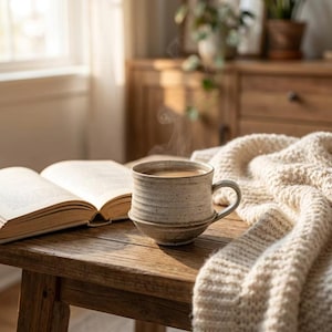 Handmade Wabi-Sabi Stoneware Mug, Rustic Textured Latte Cup, Japanese Pottery