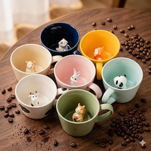 Handmade 3D Hidden Animal Ceramic Mug,Cartoon Underglaze Surprise Coffee Cup for Gift