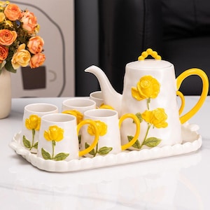 Handmade Ins-Style Embossed Floral Ceramic Tea Set, Elegant Underglaze Pot & Tray Gift