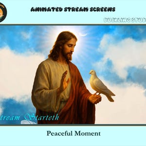 May include: Digital art of a man with long brown hair and a beard, wearing a cream-colored robe and a red cloak, holding a white dove. The background features a blue sky with clouds and the text "Peaceful Moment".