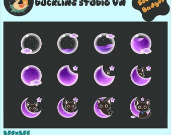 Badges secondaires Twitch bouteille bouteille lune violette, badges secondaires Twitch chat noir, badge secondaire bit Twitch chat lune, points de chaîne pour streamers