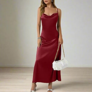 Red Satin Cowl Neck Slip Dress: Sleeveless Cami Gown
