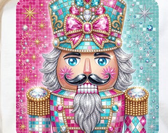 Cascanueces con diamantes de imitación PNG, diseño navideño de sublimación con joyas, imágenes prediseñadas de Cascanueces con purpurina sintética, archivo DTF para camisetas con gráficos navideños de moda