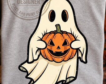 PNG de fantasma retro sosteniendo una calabaza, lindo diseño de camiseta de Halloween, descarga de sublimación vintage de temporada espeluznante, transferencia DTF de calabaza de otoño