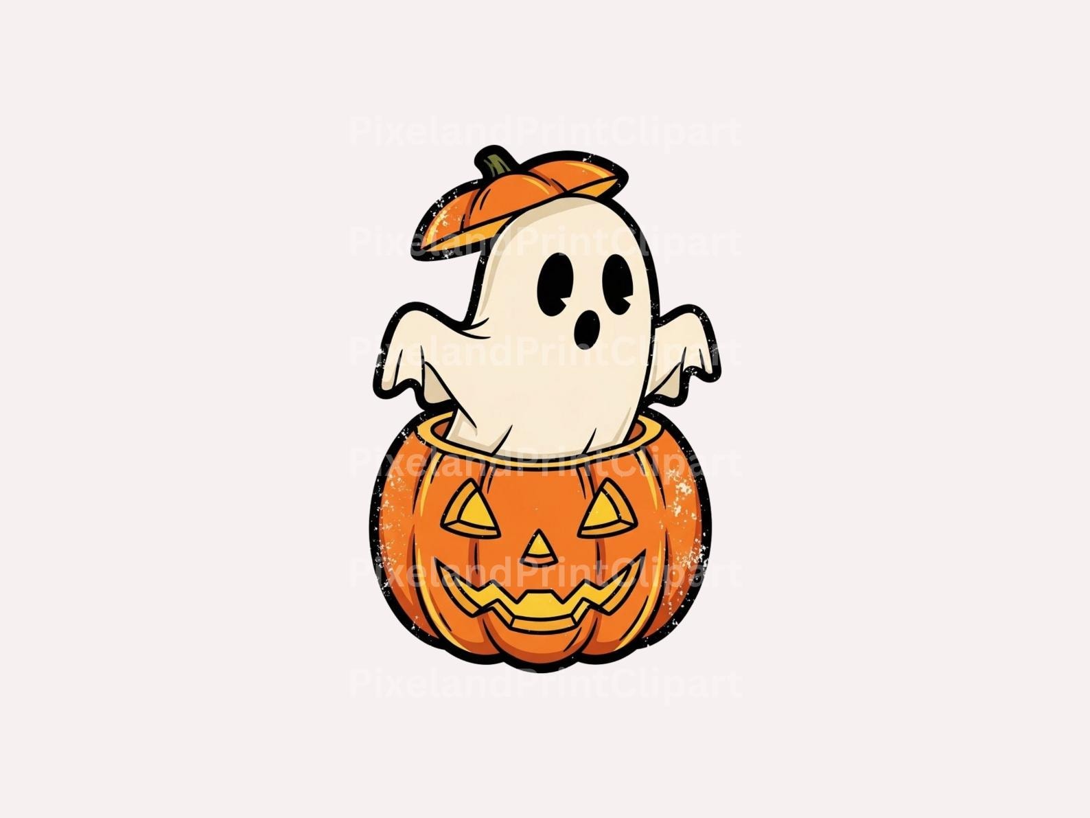 Retro Ghost Peeking Out of Pumpkin PNG, Cute Halloween Ghost Clipart ...
