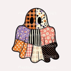 May include: A patchwork ghost design with a variety of patterns and colors. The ghost features orange, purple, pink, and black fabrics with floral, polka dot, and plaid patterns. The ghost has black oval eyes and a black and white striped center.