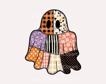 Retro Patchwork Ghost PNG, Quilted Halloween Clipart (Digital Download)