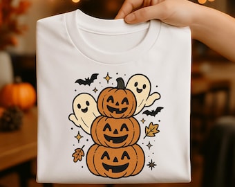 Cute Ghost Pumpkin Stack PNG, Retro Halloween Jack O Lantern Clipart, Vintage Trick or Treat Sublimation Design, Spooky PNG