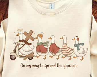 On My Way to Spread the Goosepel PNG, Funny Christian Goose Clipart, Cute Gospel Scooter Geese Shirt Design, Faith Pun Sublimation File