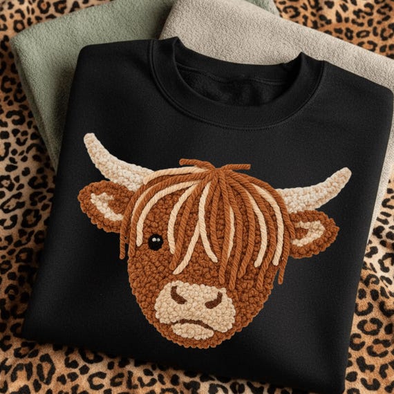 Highland Cow Faux Crochet PNG, Chunky Yarn Cow Face Clipart, Cozy Farm Animal Sublimation Design, Rustic Boho Crochet Texture