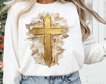 Oil Brushstroke Cross PNG, Hand Painted Christian Clipart, Gold Messy Paint Cross, Faux Glitter Faith PNG, Jesus Christmas Sublimation