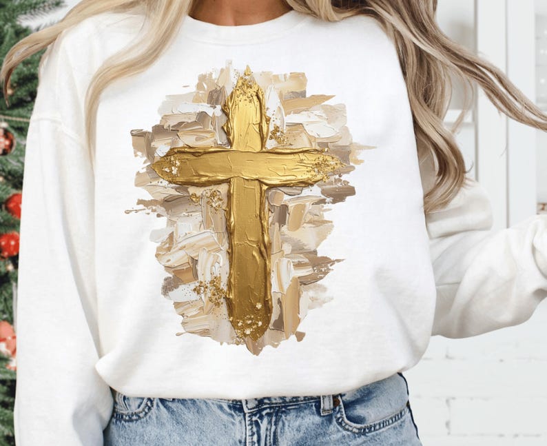 Gold oil brushstroke cross with messy neutral paint strokes and faux glitter accents, Christian PNG.