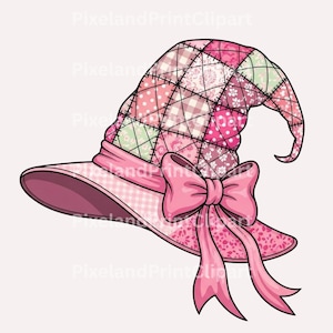 May include: A pink witch hat with a patchwork design. The hat features a wide brim, a ribbon band, and a large bow. The patchwork includes various pink and green patterns. The hat is a whimsical accessory.