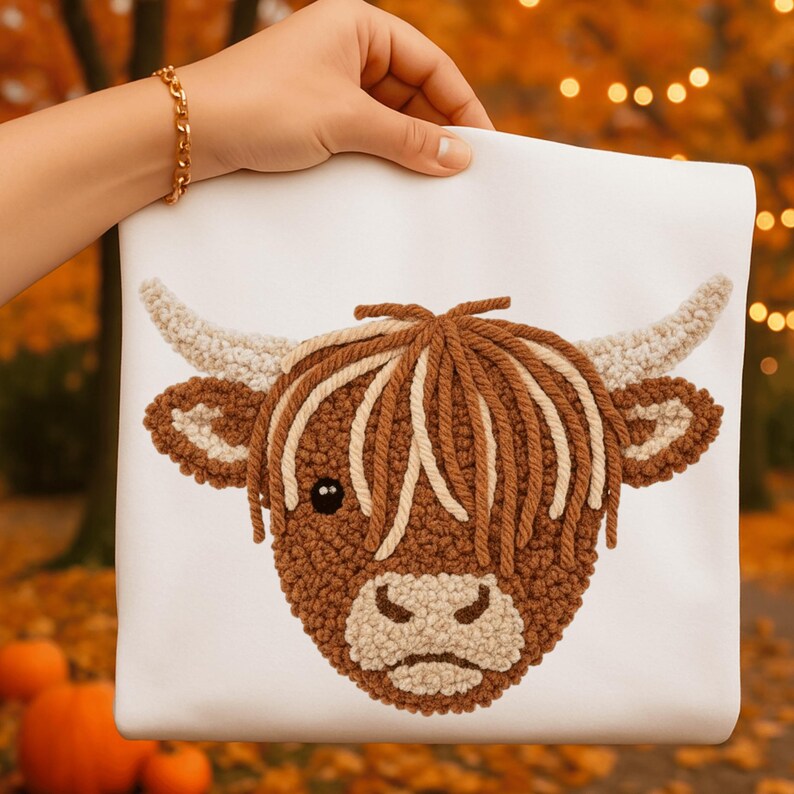 Cozy faux crochet highland cow with tufted yarn texture and shaggy bangs, transparent background.