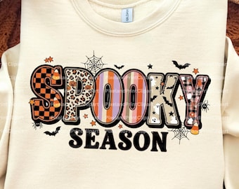 Spooky Season PNG, Retro Halloween Word Art, Pattern Letters Sublimation Design, Fall Halloween Clipart, Checkerboard Leopard Print PNG