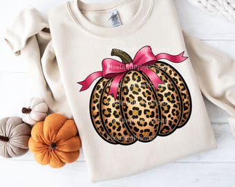 Abóbora com estampa de leopardo PNG, design de Halloween Coquette com laço rosa (download digital)