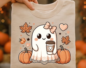 Cute Halloween Ghost Clipart PNG, Pumpkin Spice Coffee, Coquette Bow (Digital Download)