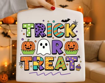 Trick or Treat PNG, Cute Halloween Lettering Clipart, Ghost & Pumpkin Sublimation, Colorful Kids Halloween Shirt Design