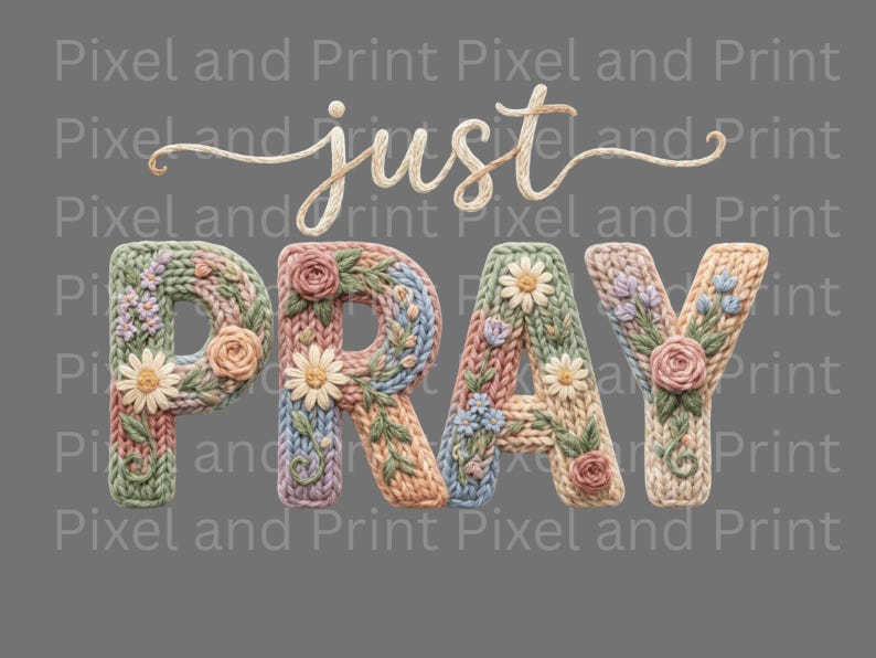 Boho cottagecore prayer graphic with embroidered style flowers