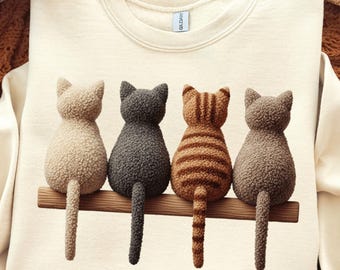 Kunstgarn Katzen auf einem Geländer PNG, 4 flauschige Chenille Katzenrücken Clipart, gemütliches strukturiertes Katzenliebhaber-Shirt Design, Latch Hook Style Sublimation