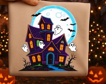 Neon Haunted House PNG, Spooky Halloween Clipart (Digital Download)