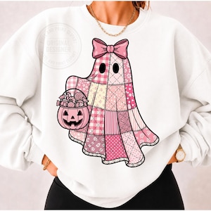 Coquette Patchwork Ghost PNG, Halloween Candy Corn Sublimation Design, Söt Vintage Ghost T-shirt Grafik, Retro Spooky Season PNG