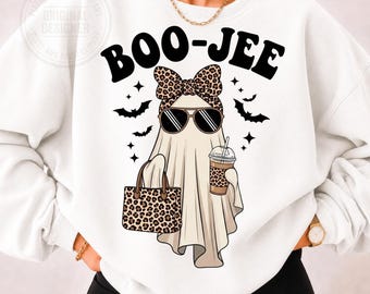 Boojee Ghost PNG, Leopard Print Halloween Sublimation Design, Retro Spooky Season Clipart for DTF Shirts, Trendy Ghost Graphic