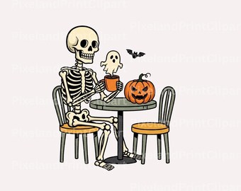 Skeleton Coffee PNG, Retro Halloween Skeleton with Coffee Mug Clipart, Spooky Coffee Sublimation Design, Vintage Halloween PNG