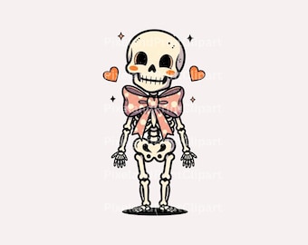 コケットスケルトンPNG、ガーリーなハロウィンクリップアート（デジタルダウンロード）