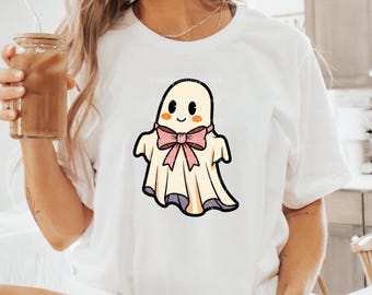 Retro Ghost with Bow PNG, Cute Coquette Halloween Ghost Clipart, Girly Vintage Ghost Sublimation Design, Spooky Ghost PNG