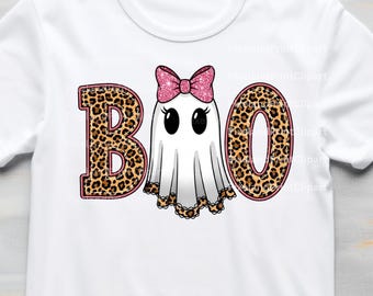 BOO Leopard Print Ghost PNG, Cute Girly Ghost with Pink Bow Sublimation, Halloween Shirt Design, Spooky Fall PNG Clipart