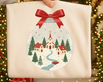Christmas Village Snow Globe Ornament PNG, Retro Holiday Clipart (Digital Download)