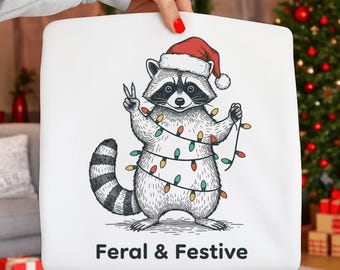 Funny Christmas Raccoon PNG, Santa Hat, Holiday Lights (Digital Download)