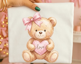 Valentine Bear PNG, Watercolor Teddy Bear With Heart PNG, Coquette Love Bear Sublimation, Valentine Shirt Design