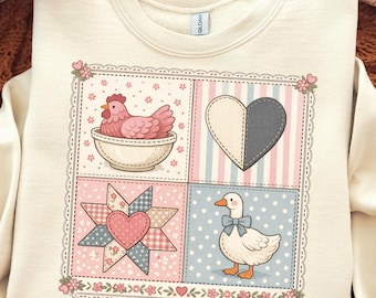 Vintage Grandma Core Quilt PNG, Cottagecore Goose & Hen Patchwork, 90s Thrifted Farmhouse Sublimation Design