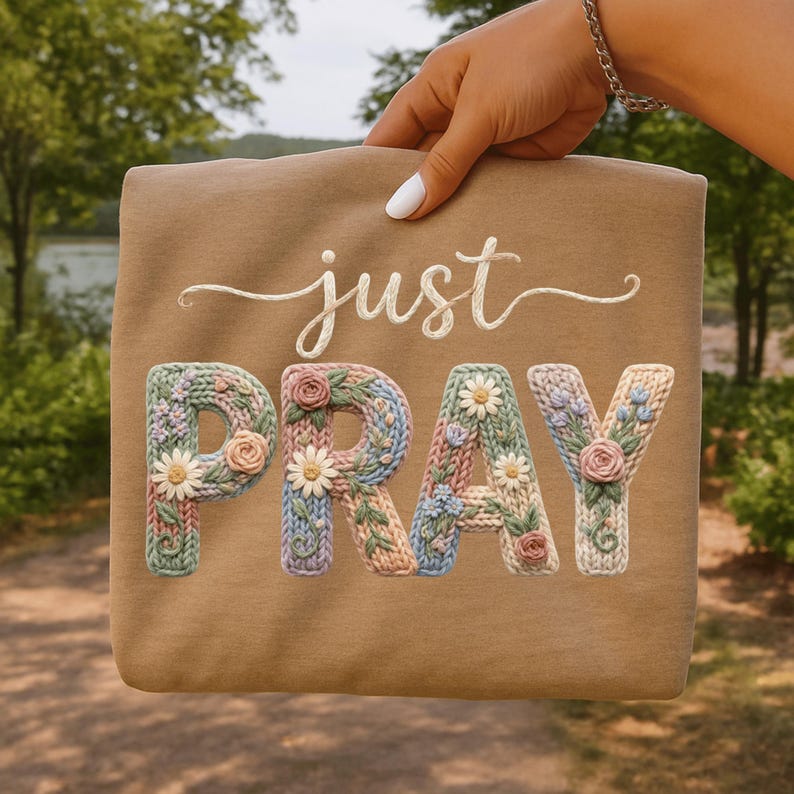 Just Pray design with faux yarn floral crochet lettering in soft cottagecore colors
