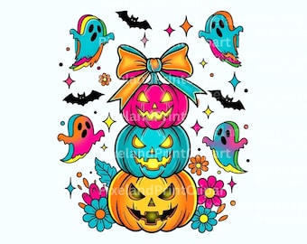 Neon Retro Pumpkin Stack PNG, Halloween Ghost Clipart (Digital Download)