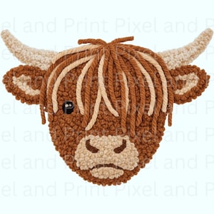May include: A handcrafted, textured artwork depicting the head of a Highland cow. The piece features a brown and beige color palette, with detailed yarn work creating the cow's fur, horns, and distinctive fringe. The artwork is a charming, rustic piece.